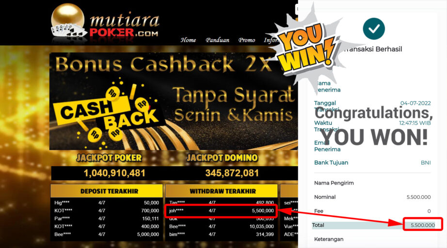 Bukti Withdraw (5.500.000.- ) Member Setia Mutiarapoker