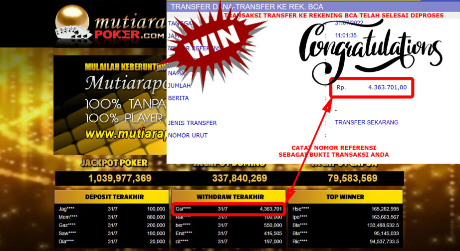 Bukti Withdraw ( 4.363.701.- ) Member Setia Mutiarapoker