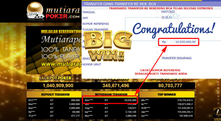 Bukti Withdraw (10.035.000.- ) Member Setia Mutiarapoker