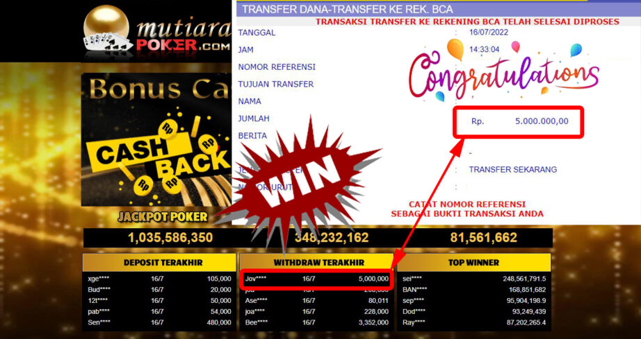 Bukti Withdraw (5.000.000.- ) Member Setia Mutiarapoker