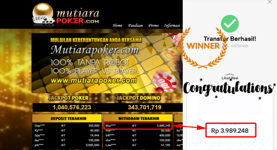 Bukti Withdraw (3.989.248.- ) Member Setia Mutiarapoker