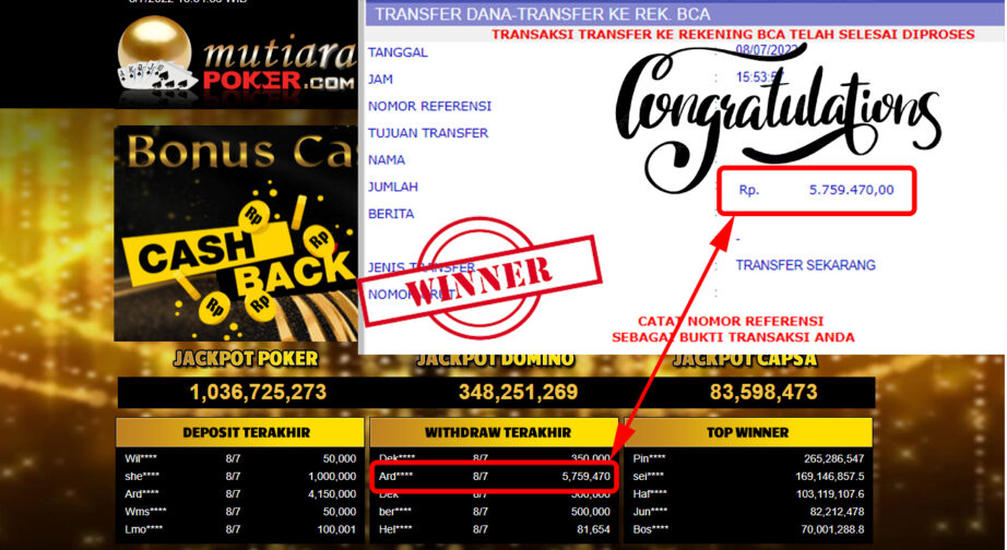 Bukti Withdraw ( 5.759.470.- ) Member Setia Mutiarapoker