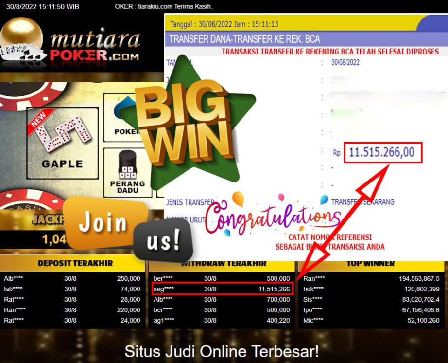 Bukti Withdraw (11.515.266,- ) Member Setia Mutiarapoker