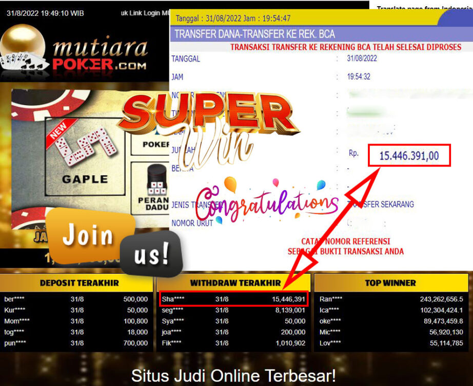 Bukti Withdraw (15.446.391,- ) Member Setia Mutiarapoker