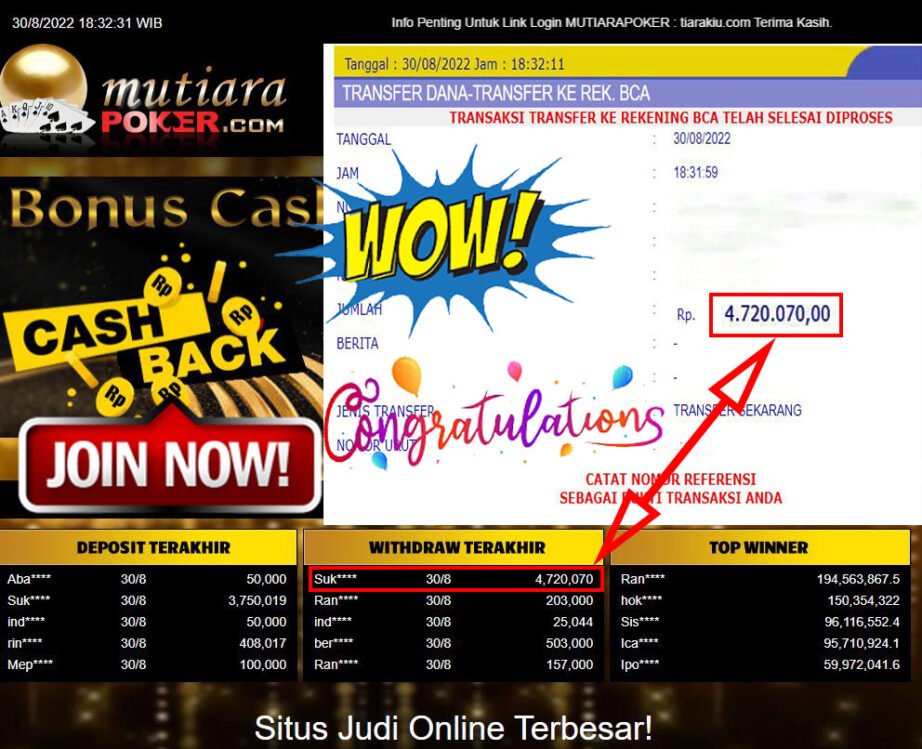 Bukti Withdraw (4.720.070,- ) Member Setia Mutiarapoker