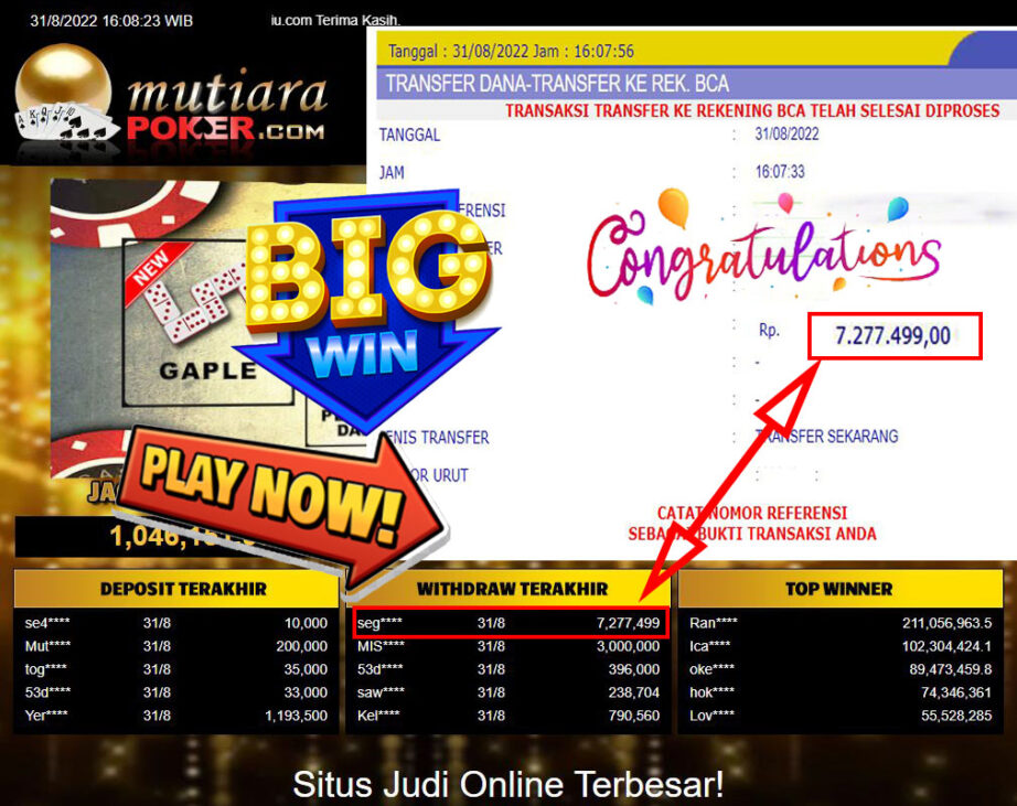 Bukti Withdraw (7.277.499,- ) Member Setia Mutiarapoker