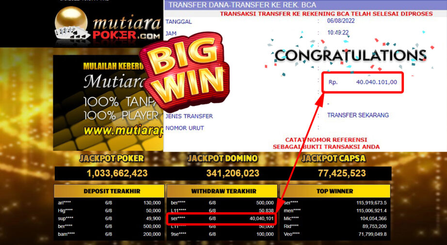 Bukti Withdraw ( 40.040.101.- ) Member Setia Mutiarapoker