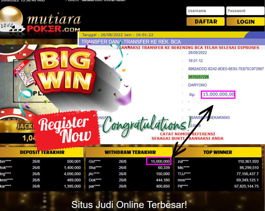 Bukti Withdraw ( 15.000.000,- ) Member Setia Mutiarapoker