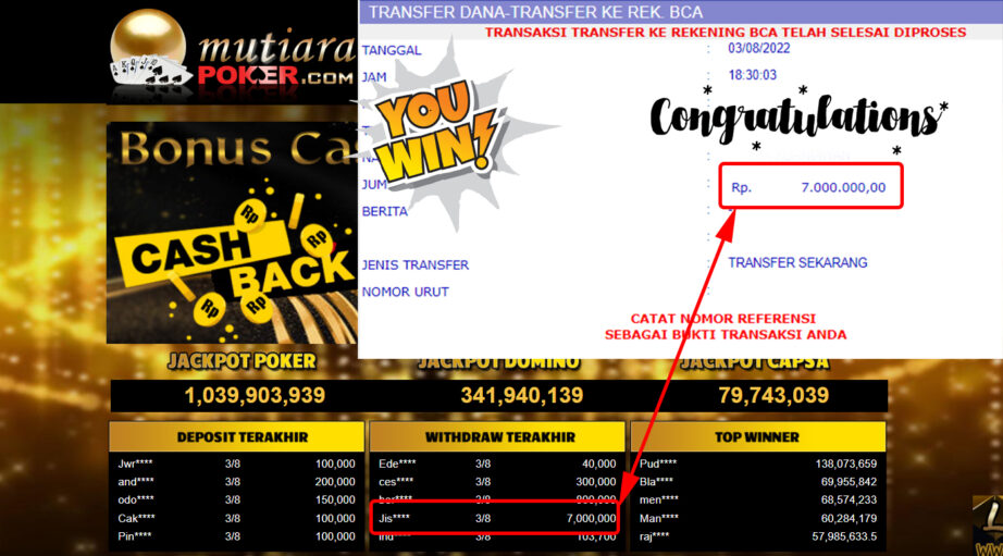 Bukti Withdraw ( 7.000.000.- ) Member Setia Mutiarapoker