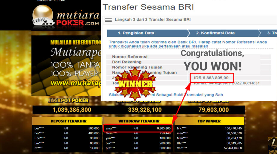 Bukti Withdraw ( 6.863.805.- ) Member Setia Mutiarapoker