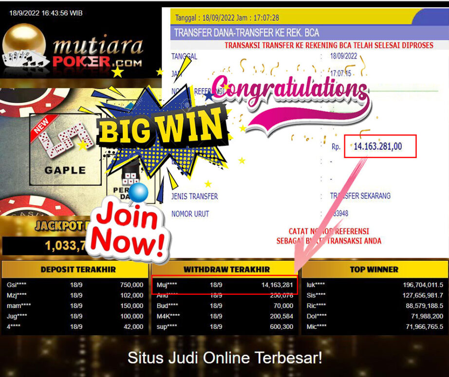 Bukti Withdraw (14.163.281,- ) Member Setia Mutiarapoker