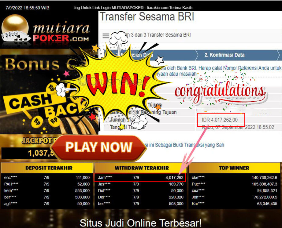 Bukti Withdraw (4.017.262,- ) Member Setia Mutiarapoker