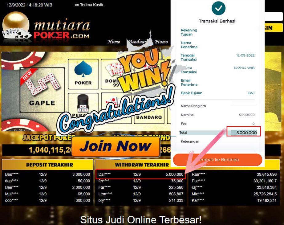 Bukti Withdraw (5.000.000,- ) Member Setia Mutiarapoker