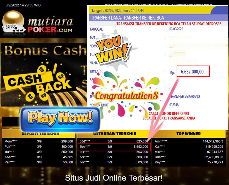 Bukti Withdraw (6.652.000,- ) Member Setia Mutiarapoker