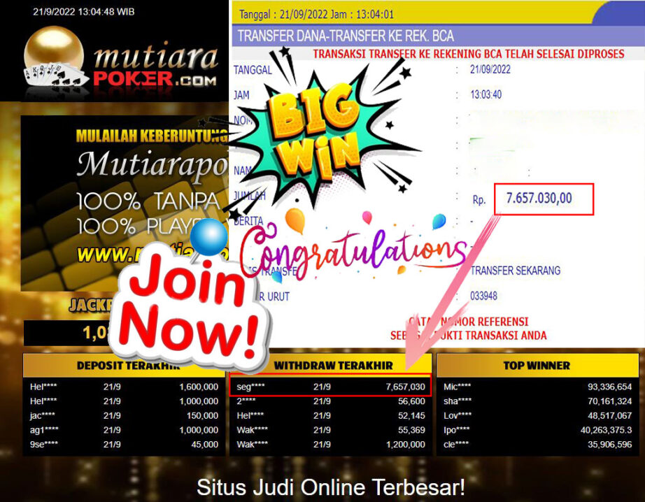 Bukti Withdraw (7.657.030- ) Member Setia Mutiarapoker