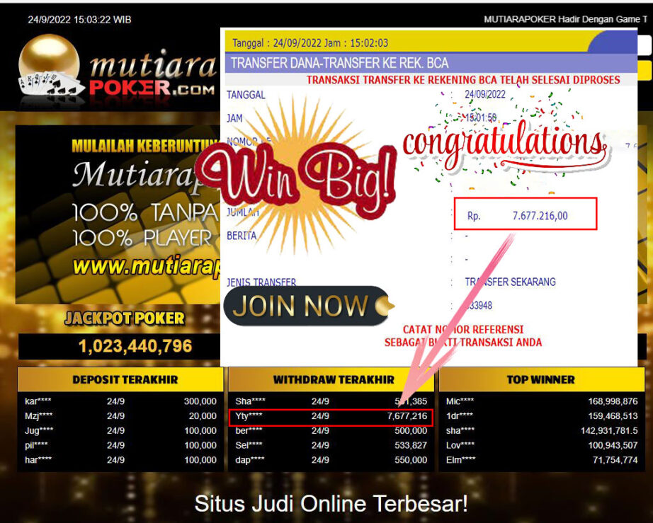 Bukti Withdraw (7.677.216- ) Member Setia Mutiarapoker