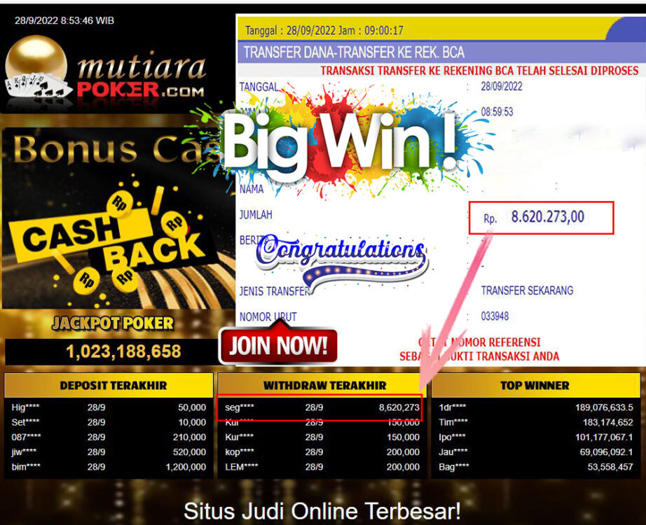 Bukti Withdraw (8.620.273- ) Member Setia Mutiarapoker