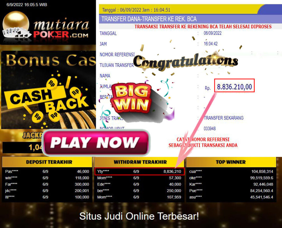 Bukti Withdraw (8.836.210,- ) Member Setia Mutiarapoker