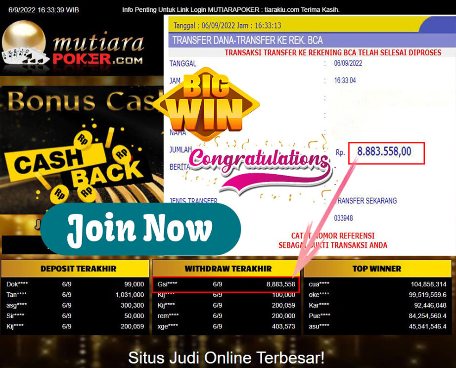 Bukti Withdraw (8.883.558,- ) Member Setia Mutiarapoker