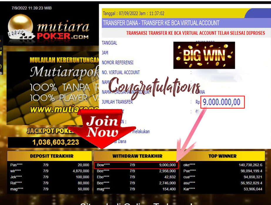 Bukti Withdraw (9.000.000,- ) Member Setia Mutiarapoker