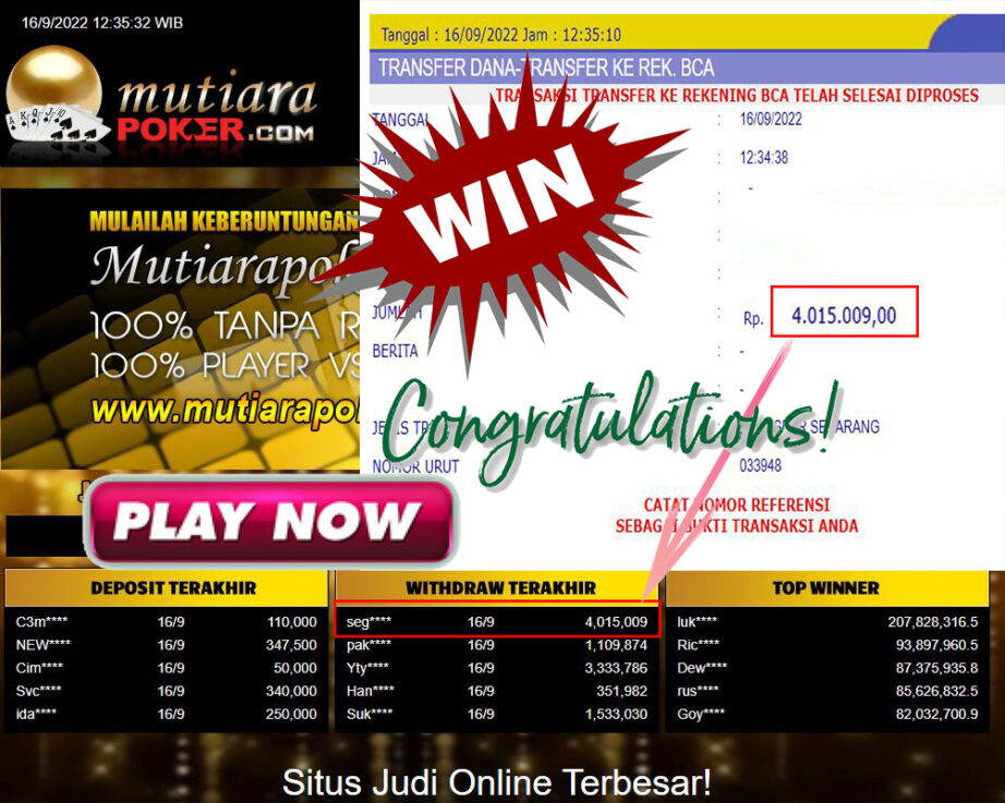 Bukti Withdraw (4.015.009,- ) Member Setia Mutiarapoker