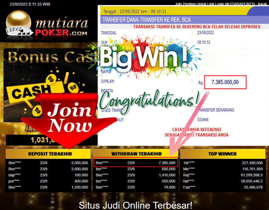 Bukti Withdraw (7.385.000- ) Member Setia Mutiarapoker