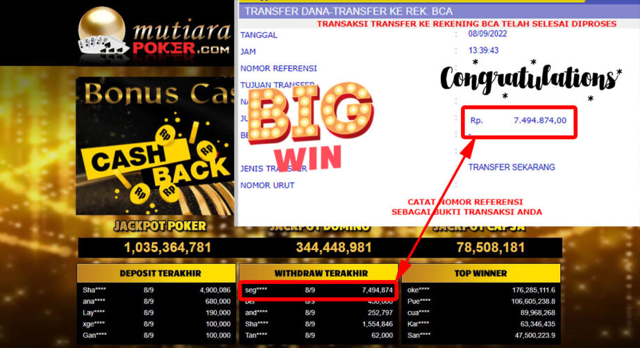 Bukti Withdraw (7.494.874,- ) Member Setia Mutiarapoker