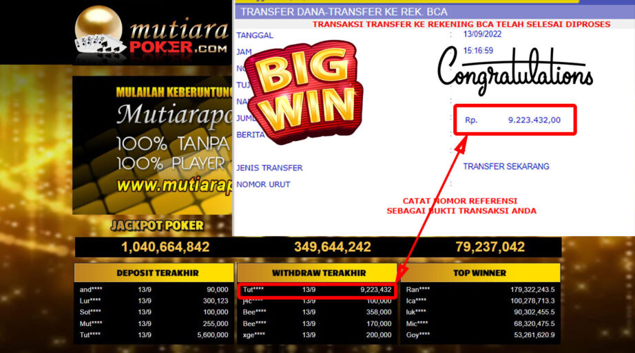 Bukti Withdraw (9.223.432,- ) Member Setia Mutiarapoker