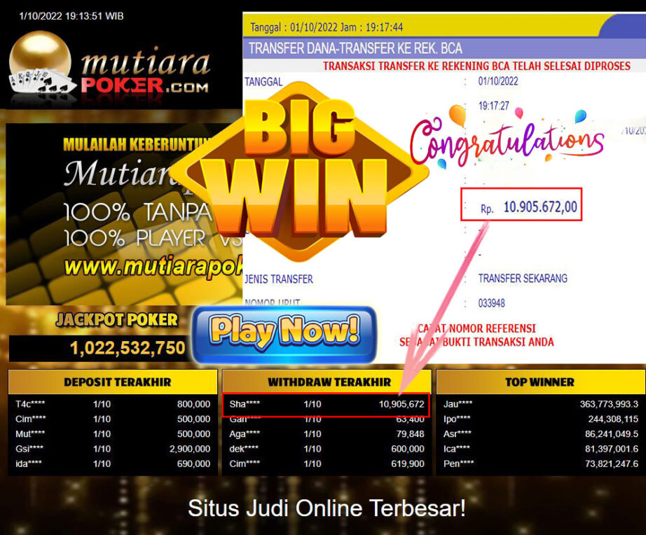 Bukti Withdraw (10.905.672- ) Member Setia Mutiarapoker