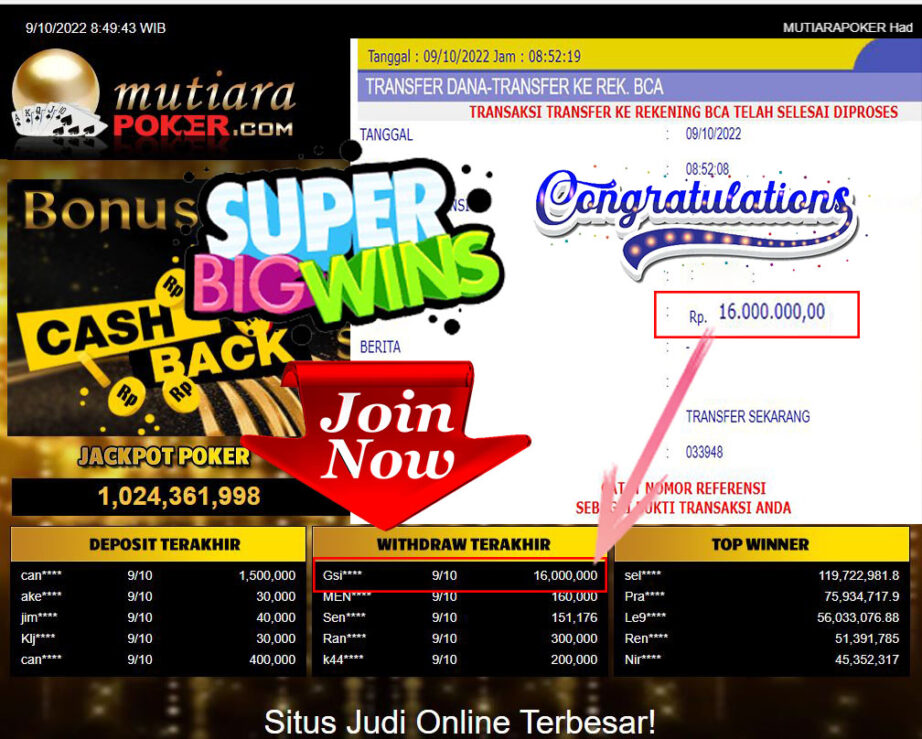 Bukti Withdraw (16.000.000- ) Member Setia Mutiarapoker