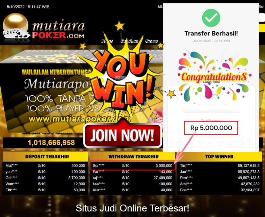 Bukti Withdraw (5.000.000- ) Member Setia Mutiarapoker