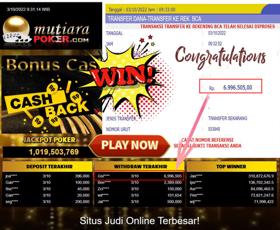 Bukti Withdraw (6.996.505- ) Member Setia Mutiarapoker