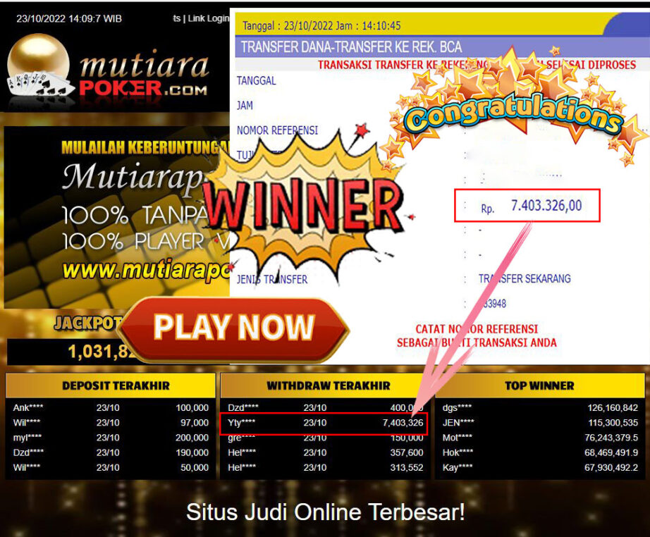 Bukti Withdraw (7.403.326- ) Member Setia Mutiarapoker