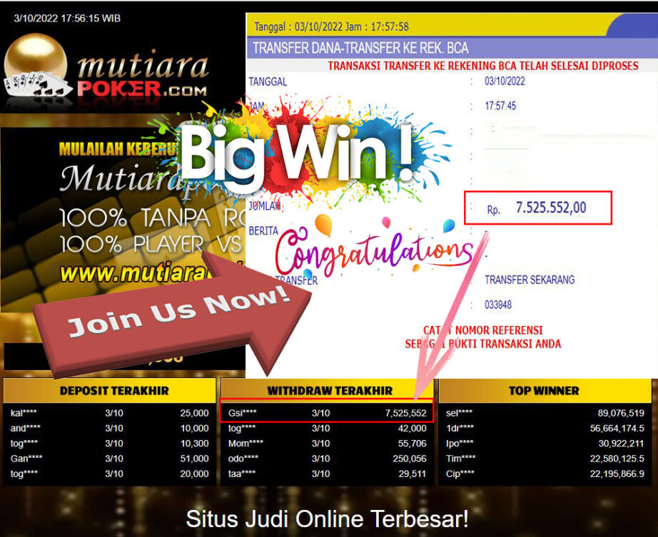 Bukti Withdraw (7.525.552- ) Member Setia Mutiarapoker