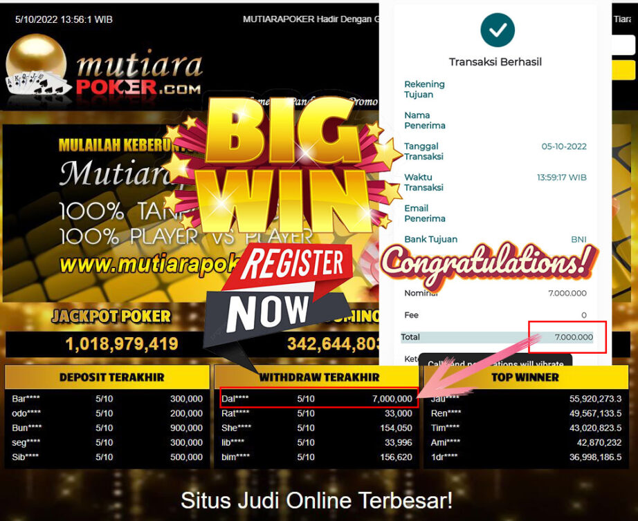 Bukti Withdraw (7.000.00- ) Member Setia Mutiarapoker