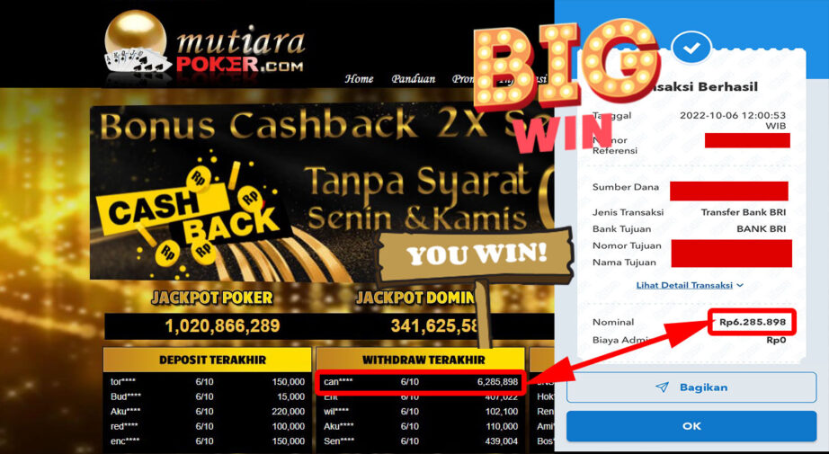 Bukti Withdraw (6.285.898- ) Member Setia Mutiarapoker