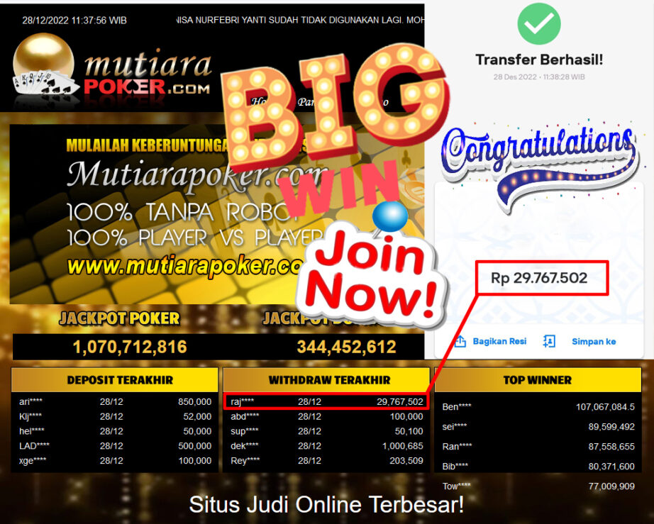 Bukti Withdraw (29.767.502.- ) Member Setia Mutiarapoker