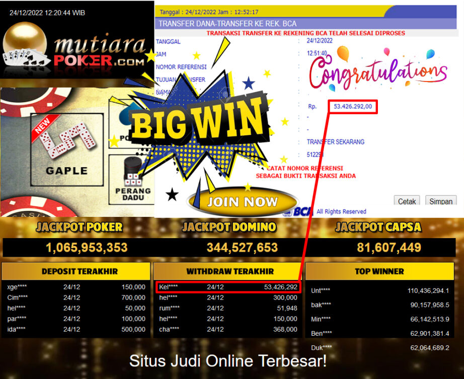 Bukti Withdraw (53.426.292- ) Member Setia Mutiarapoker