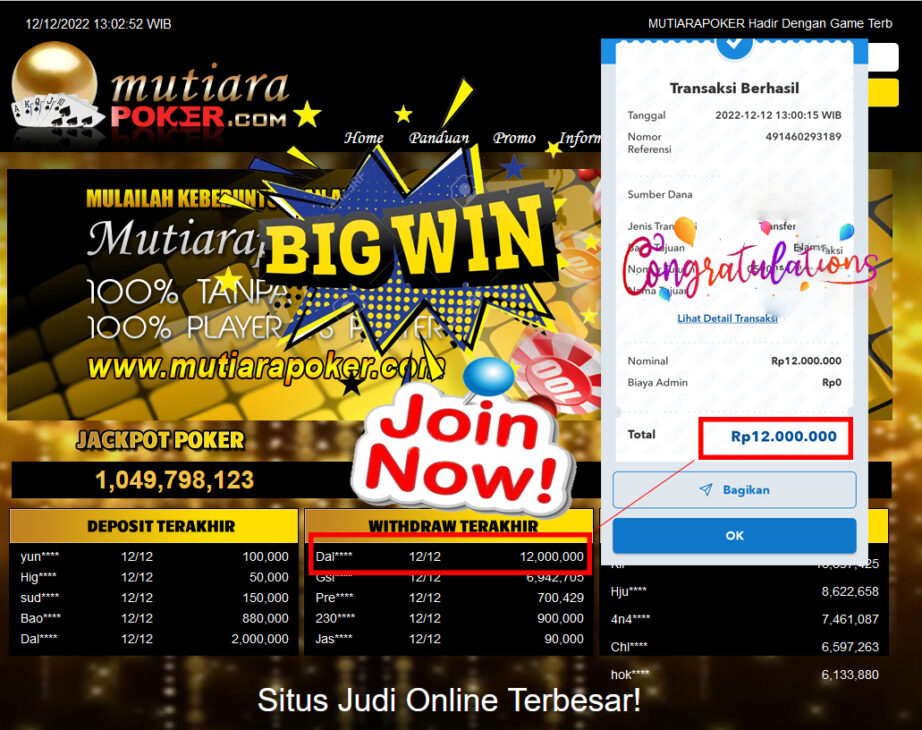 Bukti Withdraw (12,000,000- ) Member Setia Mutiarapoker