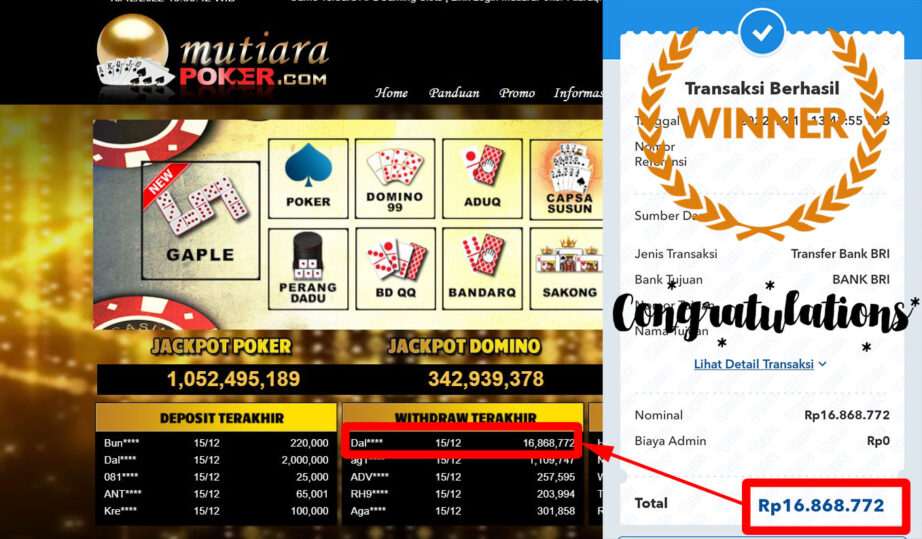 Bukti Withdraw (16.868.772- ) Member Setia Mutiarapoker