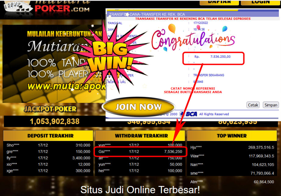 Bukti Withdraw (7.536.250- ) Member Setia Mutiarapoker