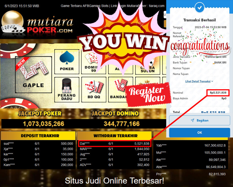 Bukti Withdraw (5.521.838.- ) Member Setia Mutiarapoker