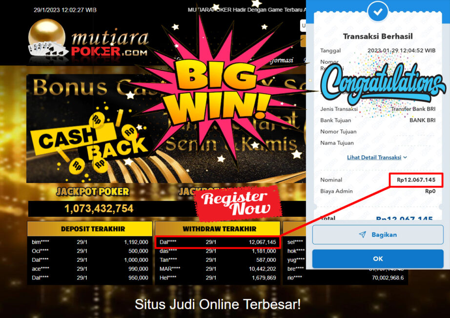 Bukti Withdraw (12.067.145.- ) Member Setia Mutiarapoker