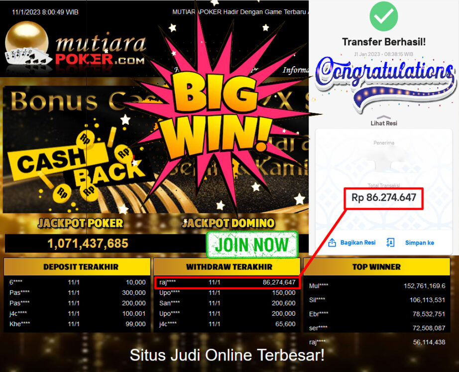 Bukti Withdraw (86.274.647.- ) Member Setia Mutiarapoker