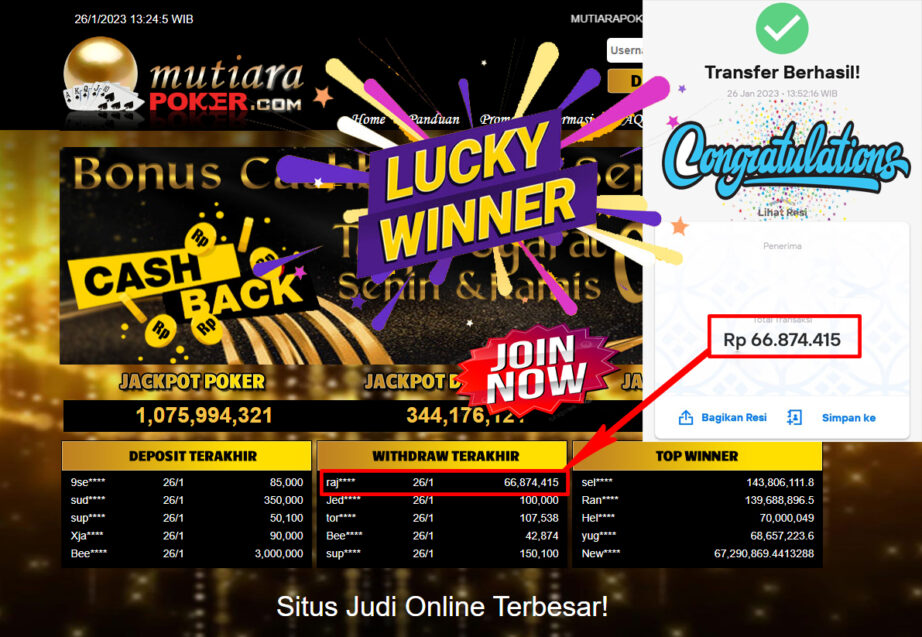 Bukti Withdraw (66.874.415.- ) Member Setia Mutiarapoker