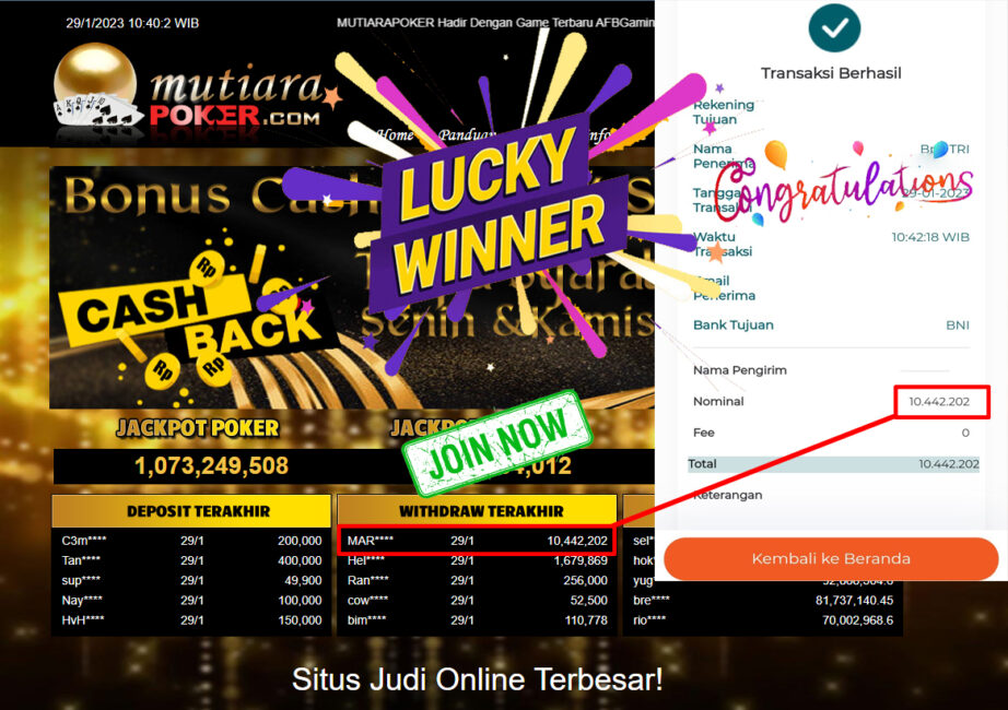 Bukti Withdraw (10.442.202.- ) Member Setia Mutiarapoker