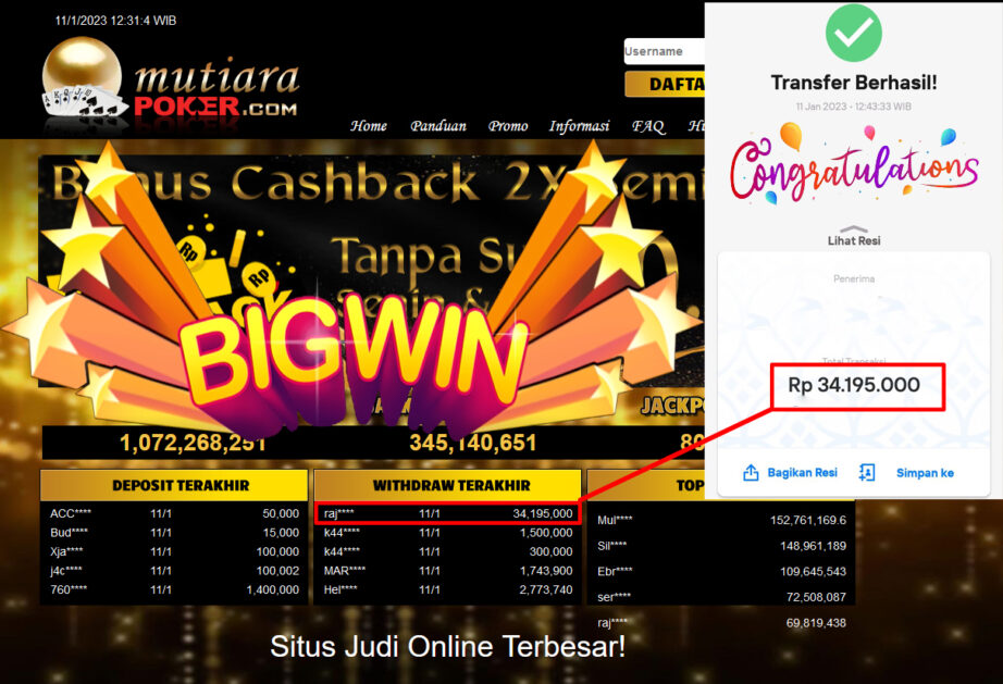 Bukti Withdraw (34.195.000.- ) Member Setia Mutiarapoker