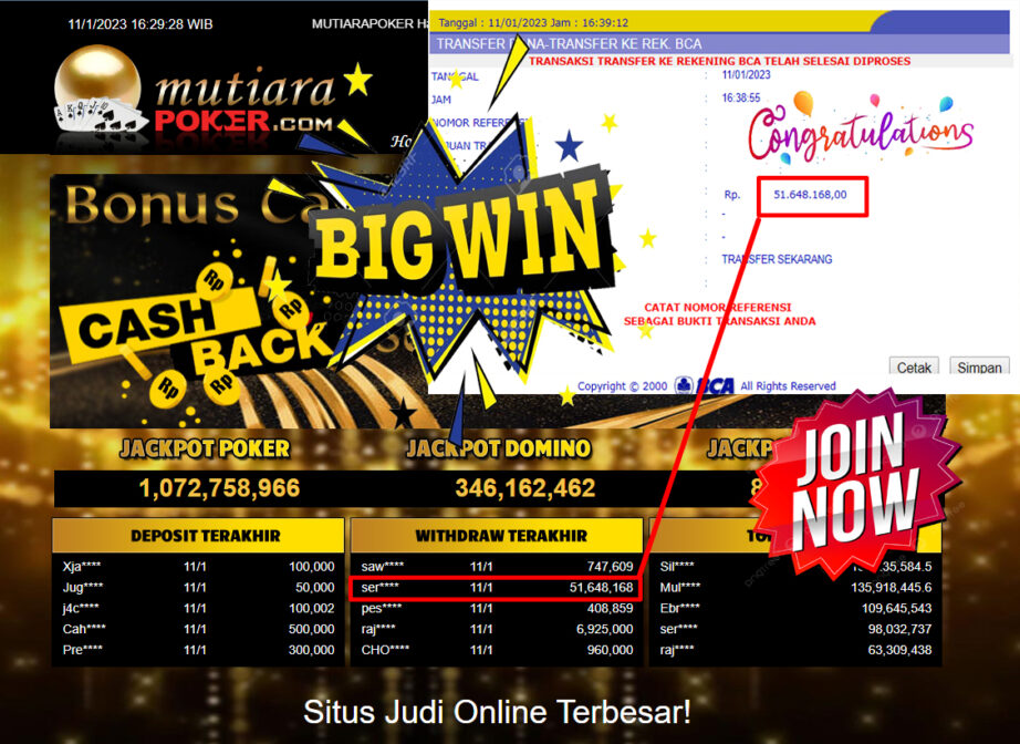 Bukti Withdraw (51.648.168.- ) Member Setia Mutiarapoker