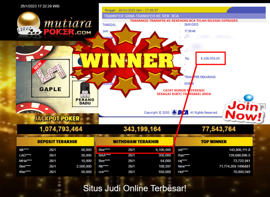 Bukti Withdraw (6.106.000.- ) Member Setia Mutiarapoker