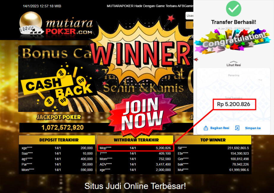 Bukti Withdraw (5.200.826.- ) Member Setia Mutiarapoker